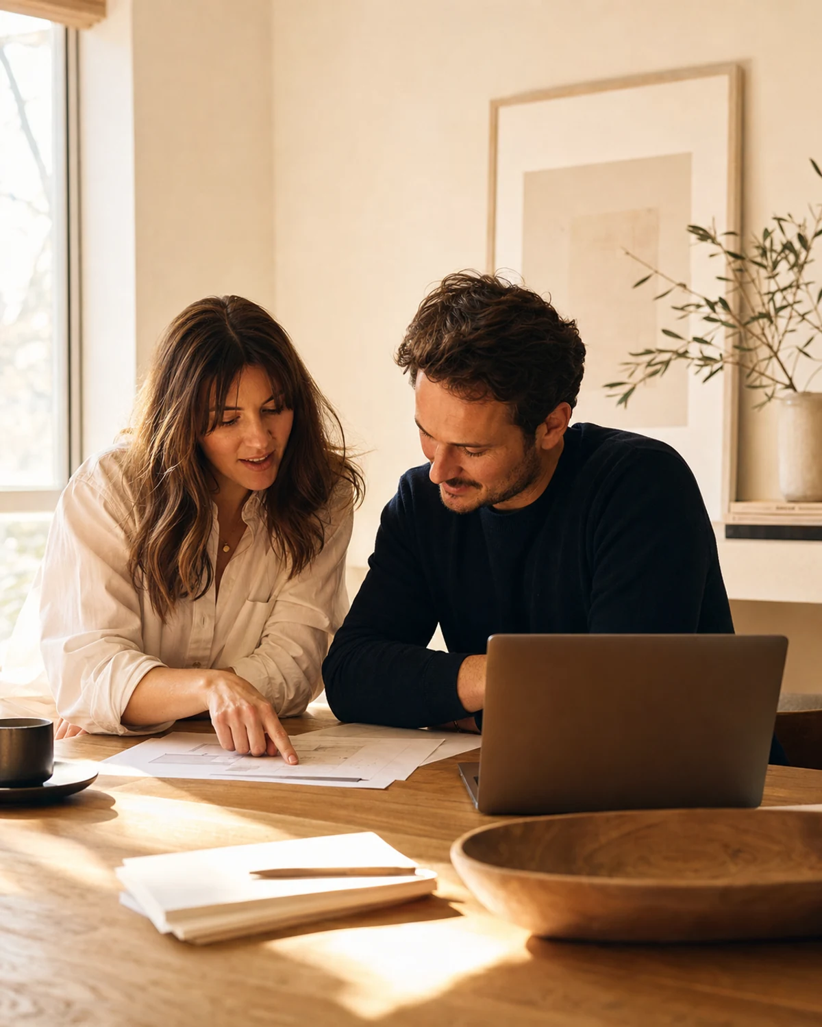 Two Filone advisors reviewing a client's plan together at a sunlit table