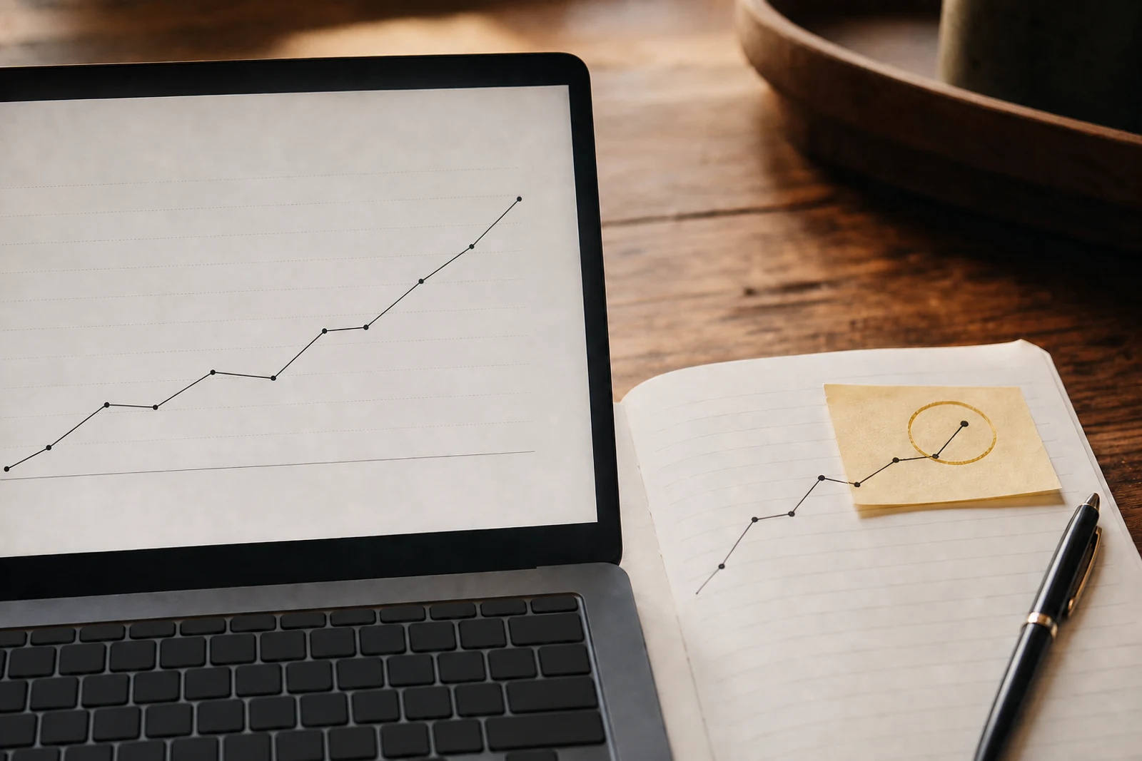 A laptop showing an upward revenue trend beside a notebook with one metric circled in gold