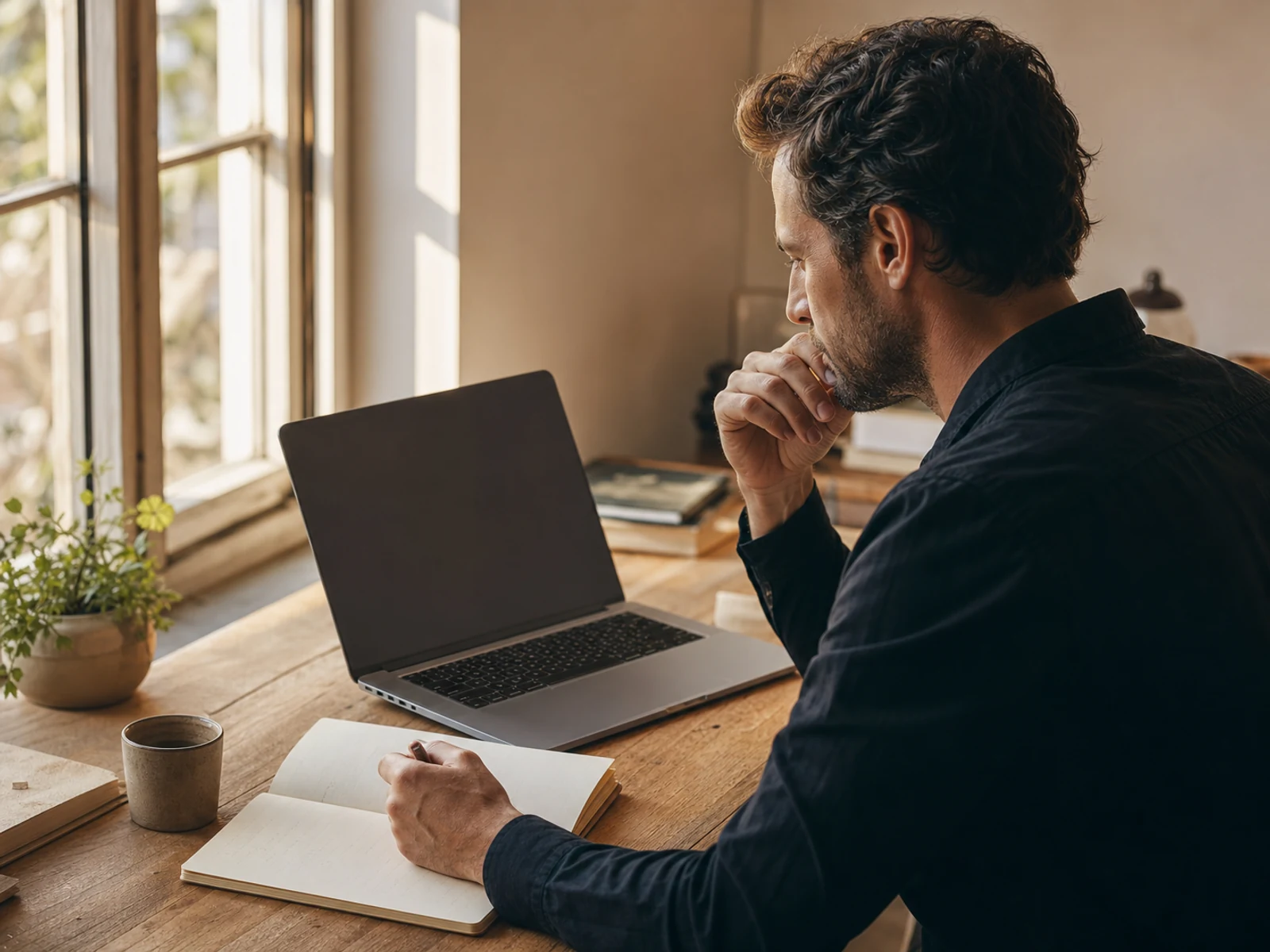 A business owner reviewing their numbers on a laptop and in a notebook by a sunlit window